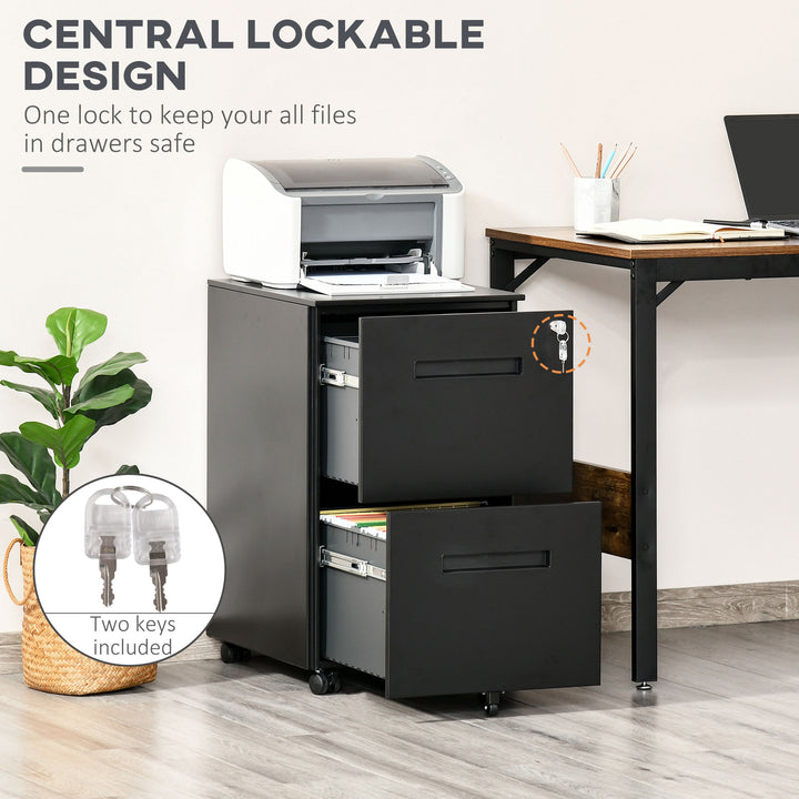 MCL Metal Mobile File Cabinet with Wheels, Lockable 2 Drawer Filing Cabinet for A4, Legal, Letter, Compact Under Desk Storage Unit with Pre-Assembled Body for Home Office, 39 x 48 x 67cm, Black