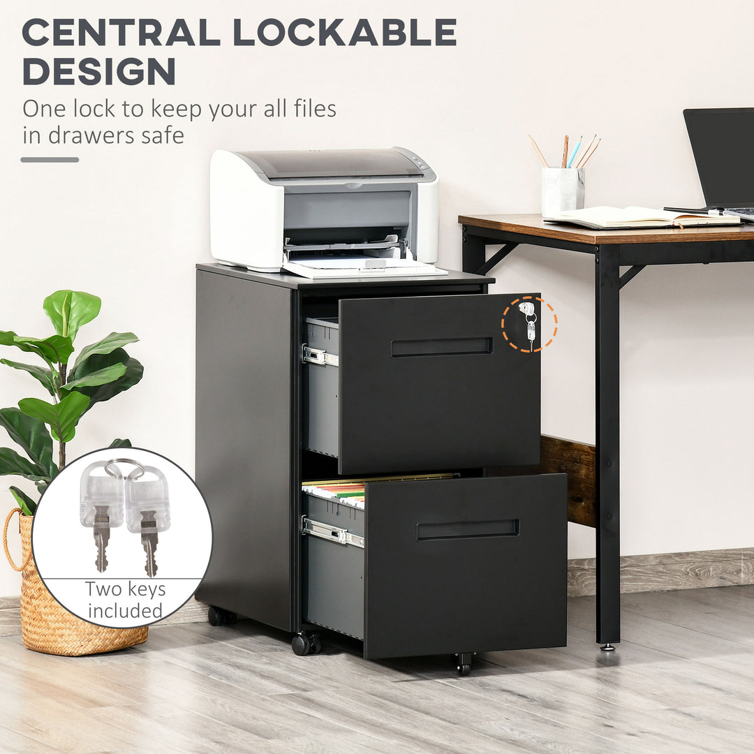 Metal Mobile File Cabinet with Wheels, Lockable 2 Drawer Filing Cabinet for A4, Legal, Letter, Compact Under Desk Storage Unit with Pre-Assembled Body for Home Office, 39 x 48 x 67cm, Black