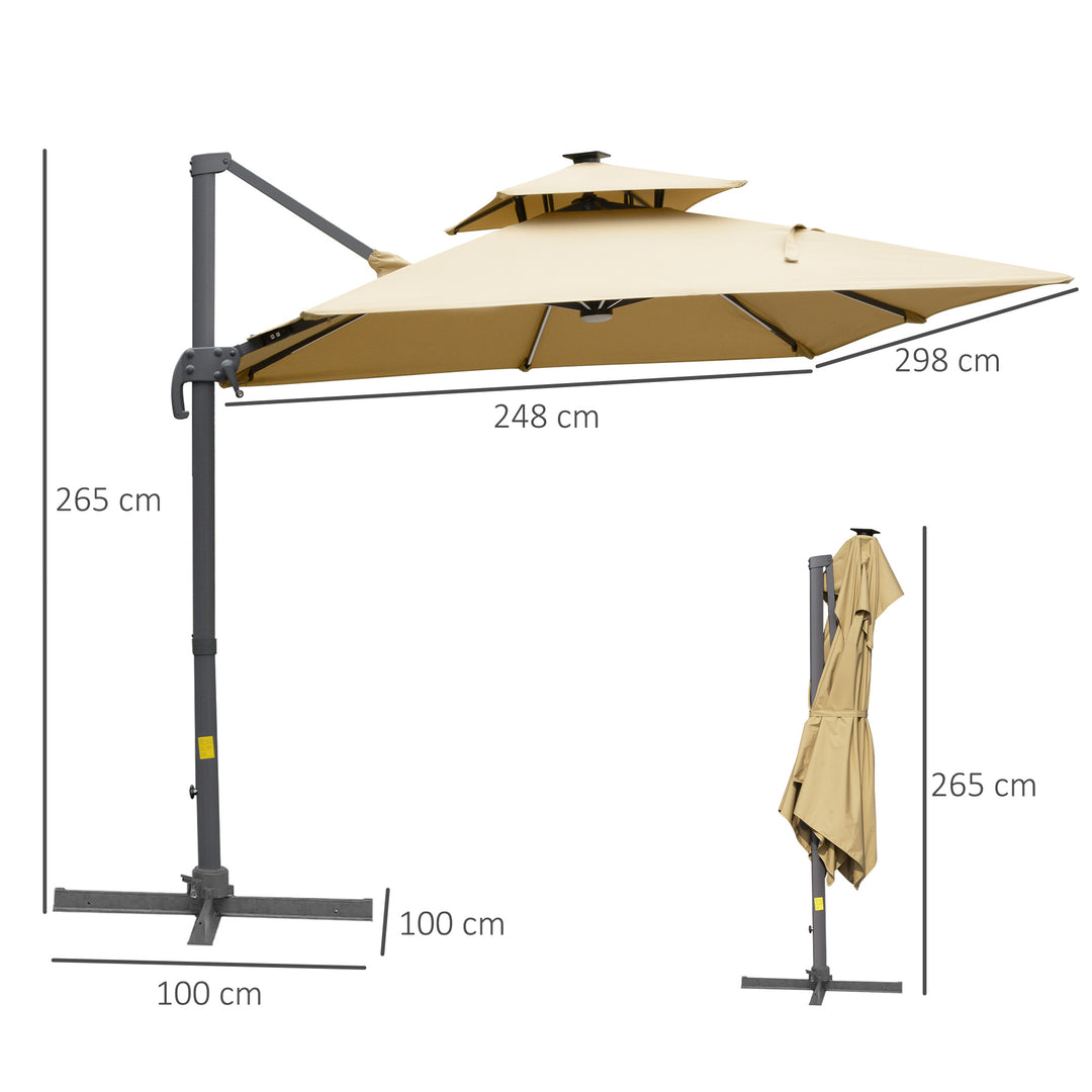 MCL 3m Cantilever Parasol, Outdoor Offset Patio Umbrella, Solar LED Lighted Hanging Sun Shade Canopy with Tilt and Crank Handle, Cross Base for Lawn, Khaki