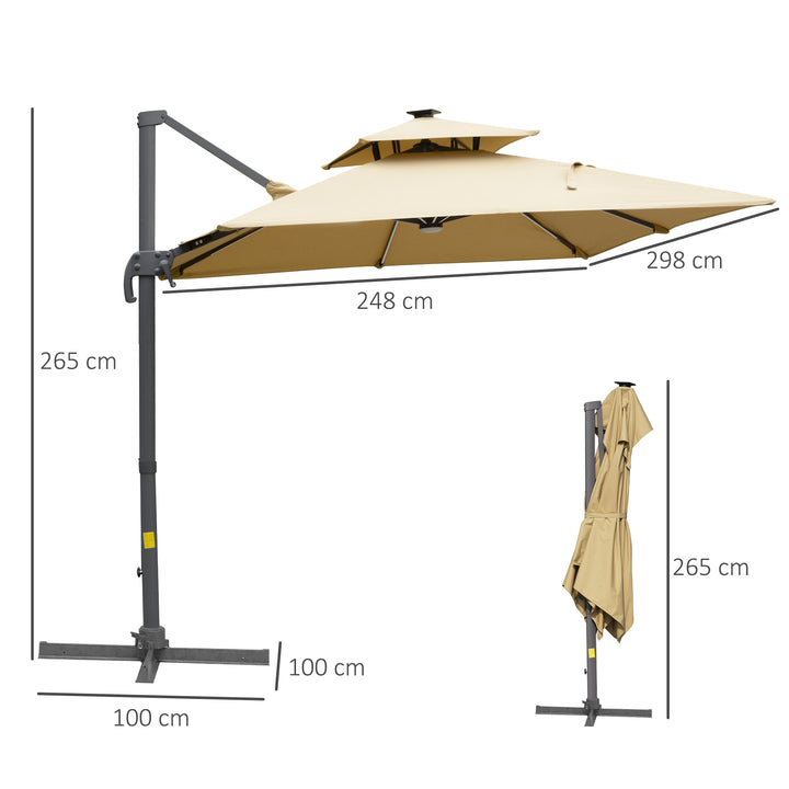 3m Cantilever Parasol, Outdoor Offset Patio Umbrella, Solar LED Lighted Hanging Sun Shade Canopy with Tilt and Crank Handle, Cross Base for Lawn, Khaki
