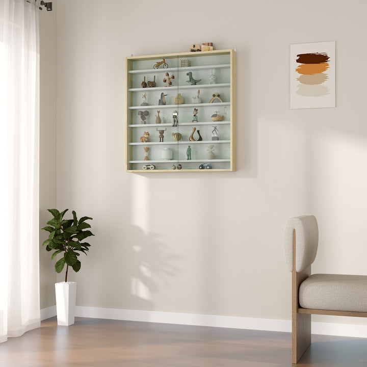 7-Tier Wall Display Shelf Unit Cabinet w/ 6 Adjustable Shelves Glass Doors Home Office Ornaments 83x80cm, Oak