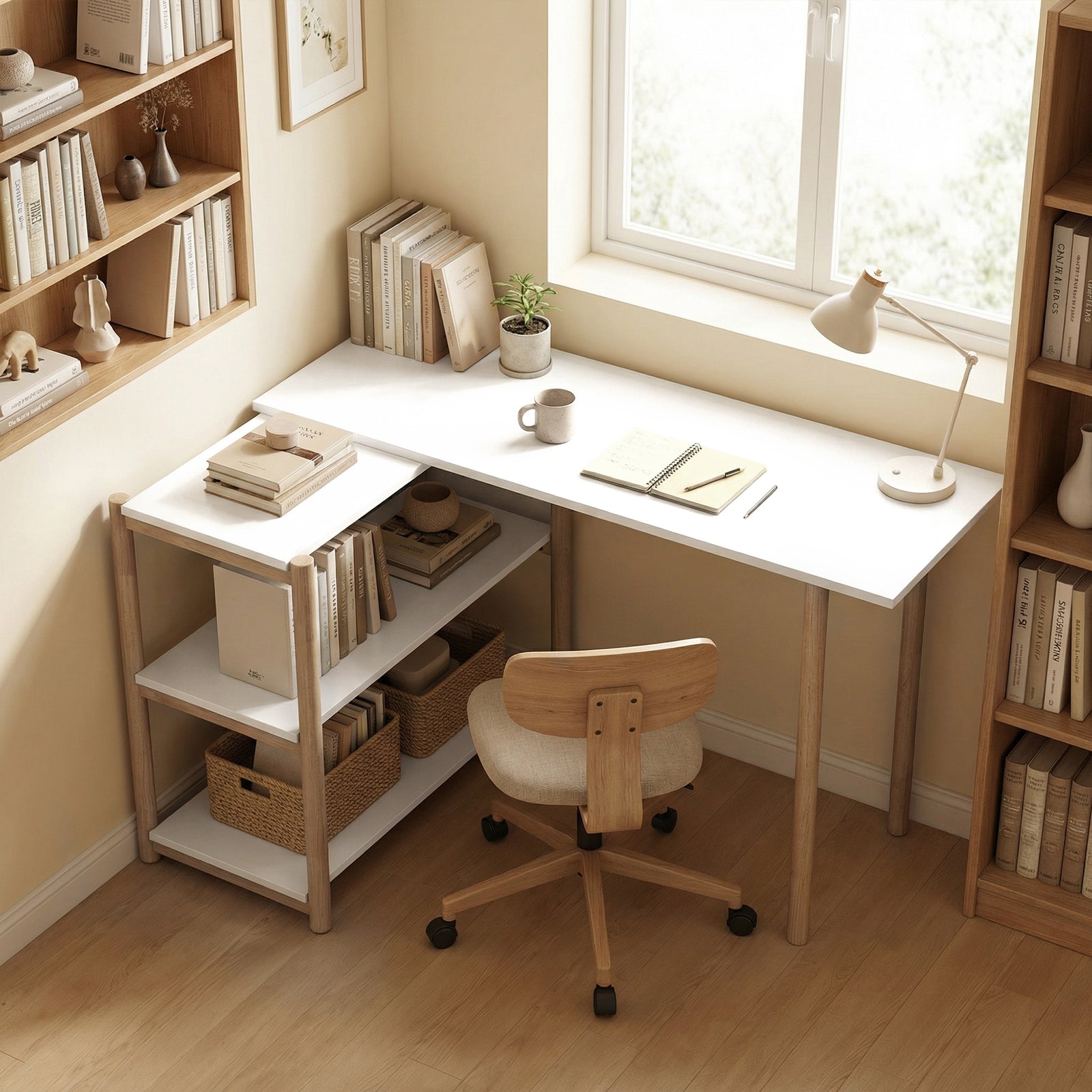 Computer Desk with Storage Shelves Modern Writing Desk Bamboo Frame fo