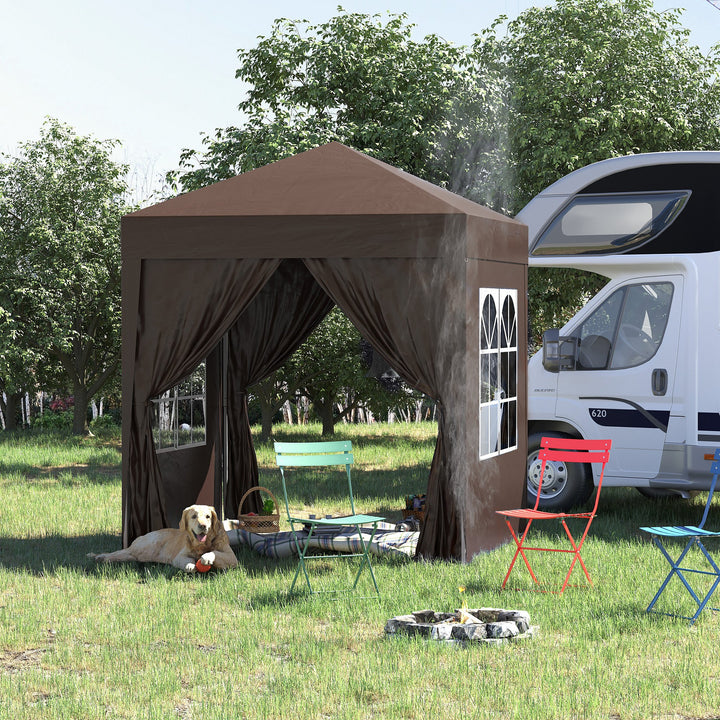 2 x 2 m Garden Pop Up Gazebo, Wedding Party Tent Marquee, Water Resistant Awning Canopy with Sidewalls, Windows, Carry Bag, Coffee