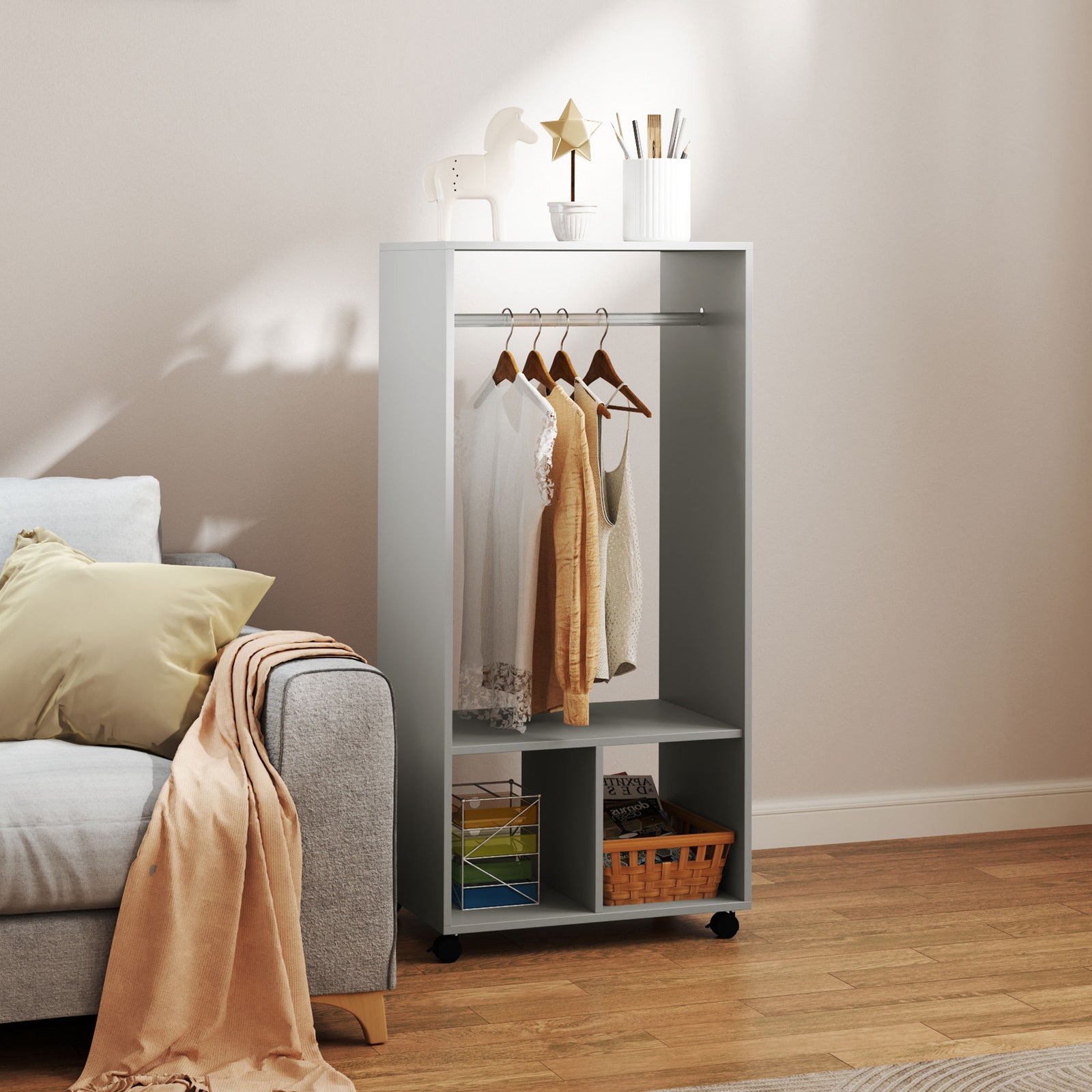 Open Wardrobe on Wheels, Bedroom Wardrobe with Clothes Hanging Rail, 2 Storage Shelves, Mobile Garment Rack for Cloakroom, Hallway, Grey