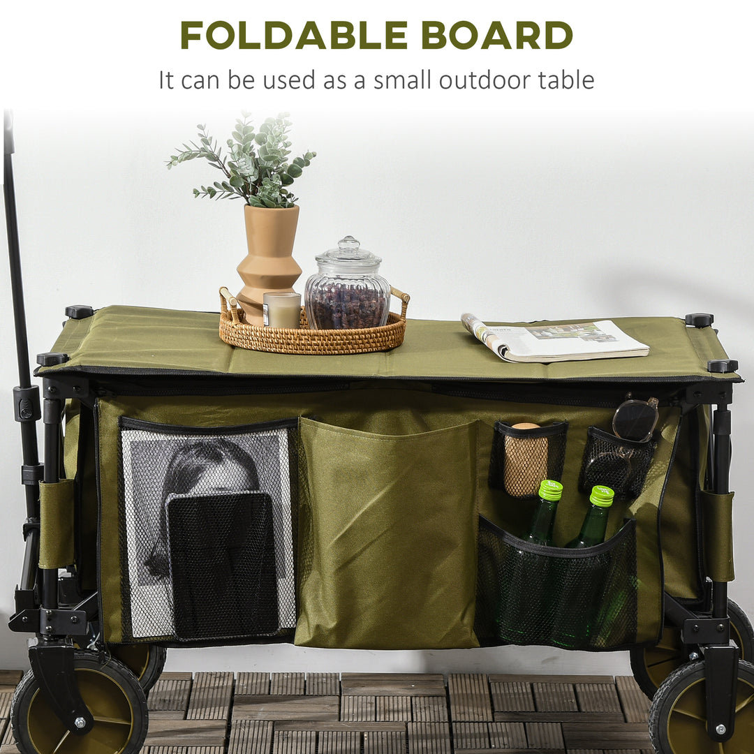 Folding Garden Trolley, Cargo Trailer on Wheels, Collapsible Camping Trolley with Folding Board, Outdoor Utility Wagon with Steel Frame and Oxford Fabric, Green