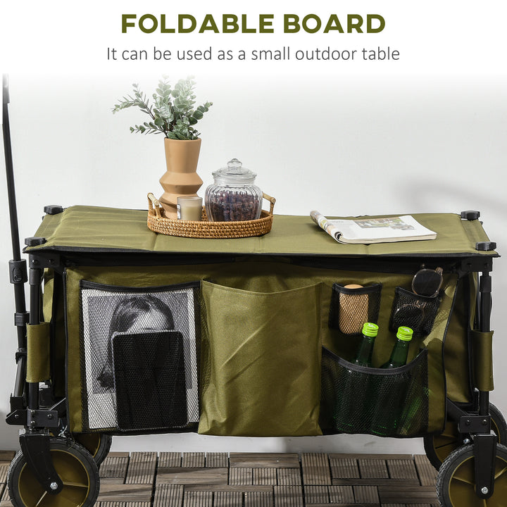 Folding Garden Trolley, Cargo Trailer on Wheels, Collapsible Camping Trolley with Folding Board, Outdoor Utility Wagon with Steel Frame and Oxford Fabric, Green