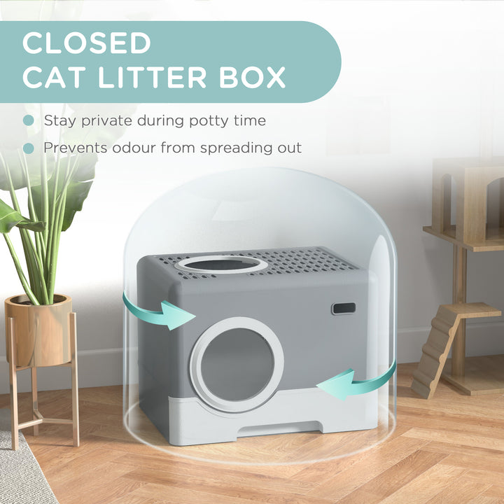 Enclosed Cat Litter Box, with Lid, Front Entry, Top Exit, Pull-Out Tray, Scoop - Grey