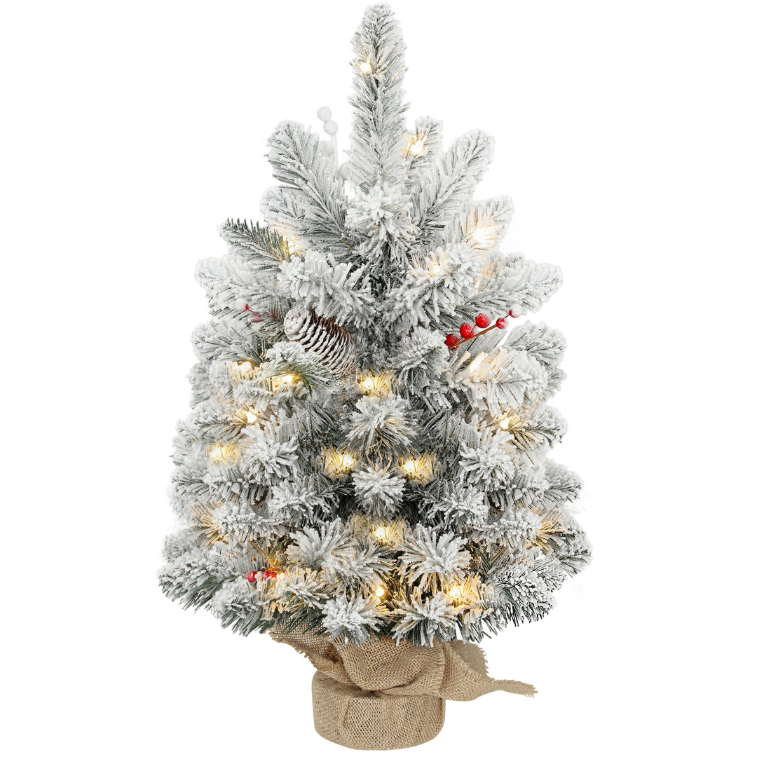 HOMCOM 60 cm Prelit Small Christmas Tree with 35 LED Lights, Snow Flocked Tabletop Mini Xmas Tree with 72 Dense Branches, Pine Cones, Berry Clusters and Linen Cover Base, Battery Operated, Green