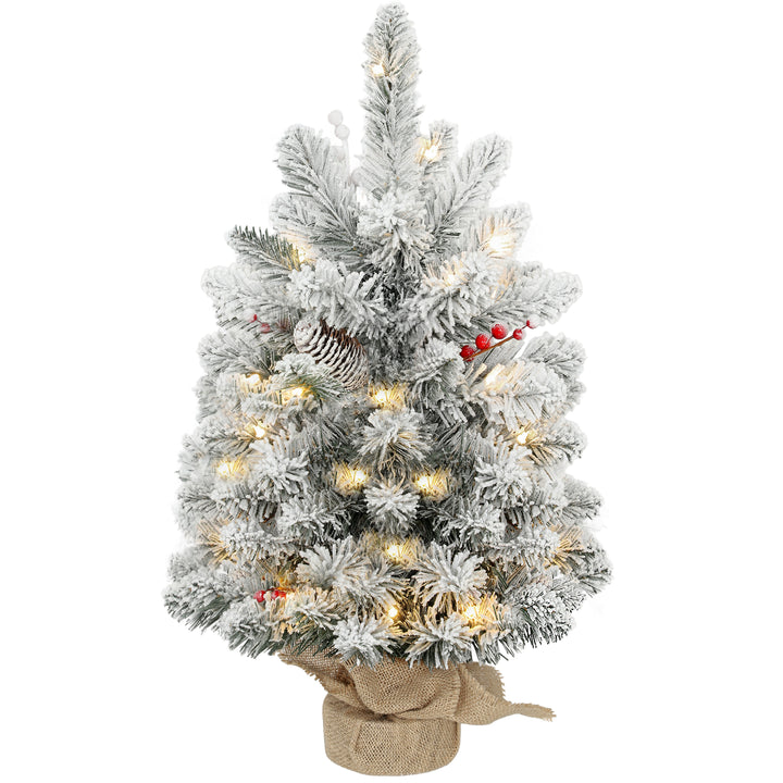 HOMCOM 60 cm Prelit Small Christmas Tree with 35 LED Lights, Snow Flocked Tabletop Mini Xmas Tree with 72 Dense Branches, Pine Cones, Berry Clusters and Linen Cover Base, Battery Operated, Green
