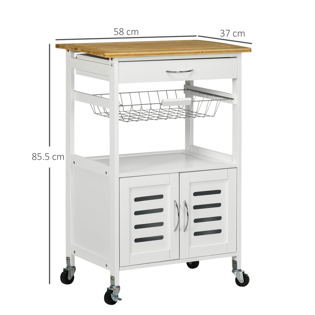 Rolling Kitchen Island Trolley Utility Cart on Wheels with Bamboo Table Top, Storage Cabinet, Drawer and Wire Basket