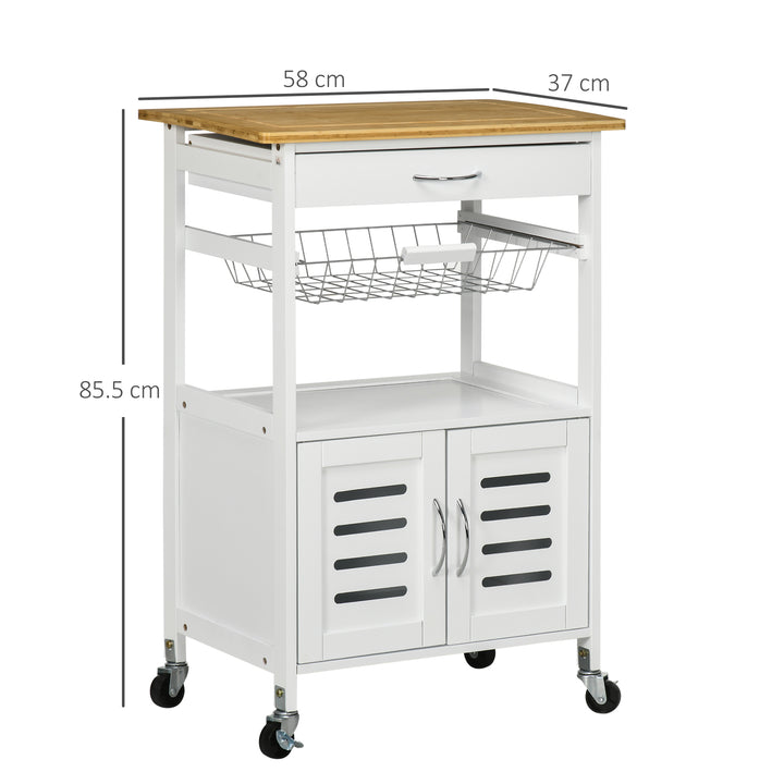 Rolling Kitchen Island Trolley Utility Cart on Wheels with Bamboo Table Top, Storage Cabinet, Drawer and Wire Basket