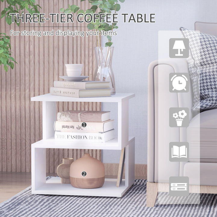 Set of 2 Side Table, Square Coffee Table, Modern End Table with 2 Tier Storage Shelves for Living Room, Bedroom, White