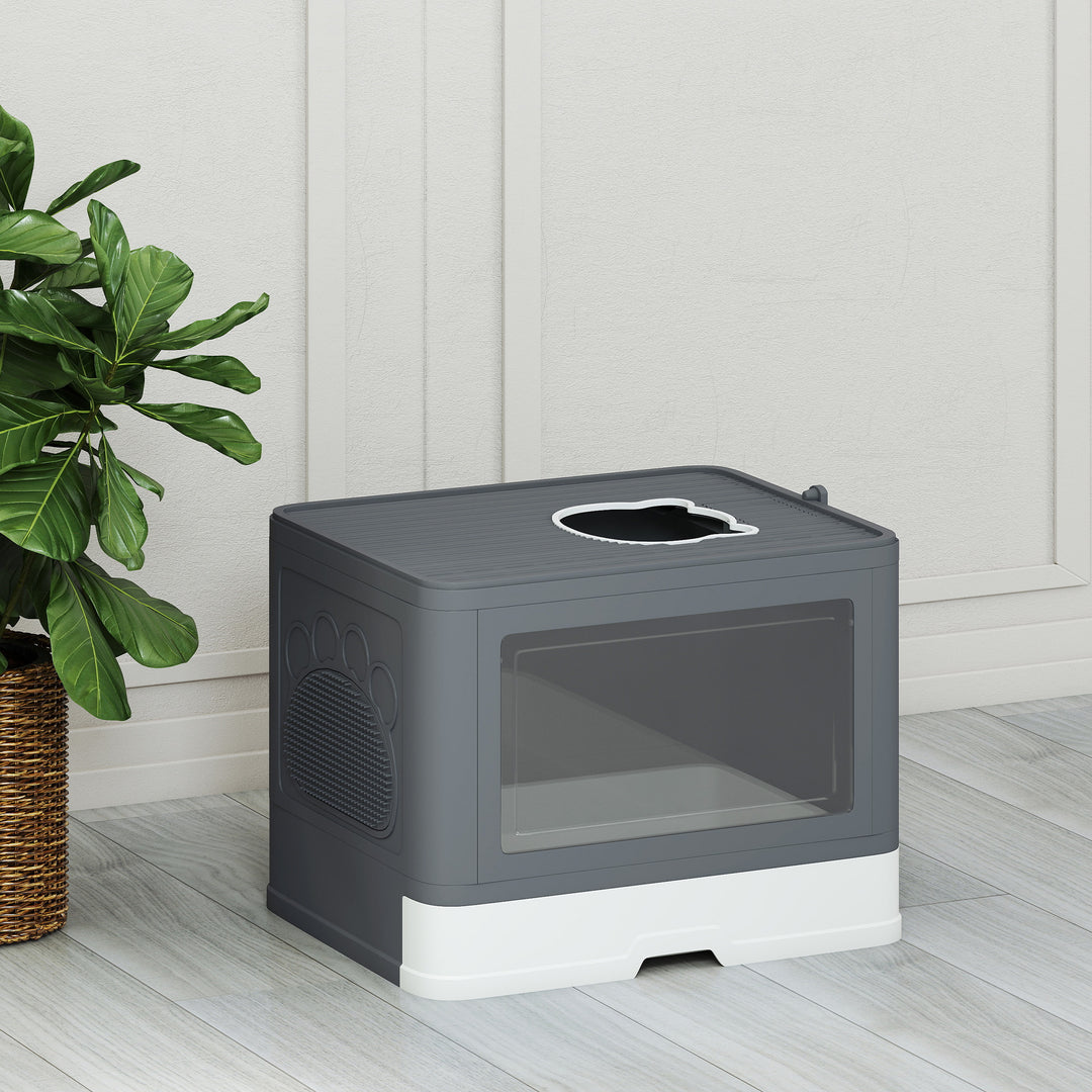 Enclosed Cat Litter Box with lid, Front Entry, Top Exit, Drawer, Tray, Scoop, Brush, 48.5 x 38 x 36.5cm - Grey
