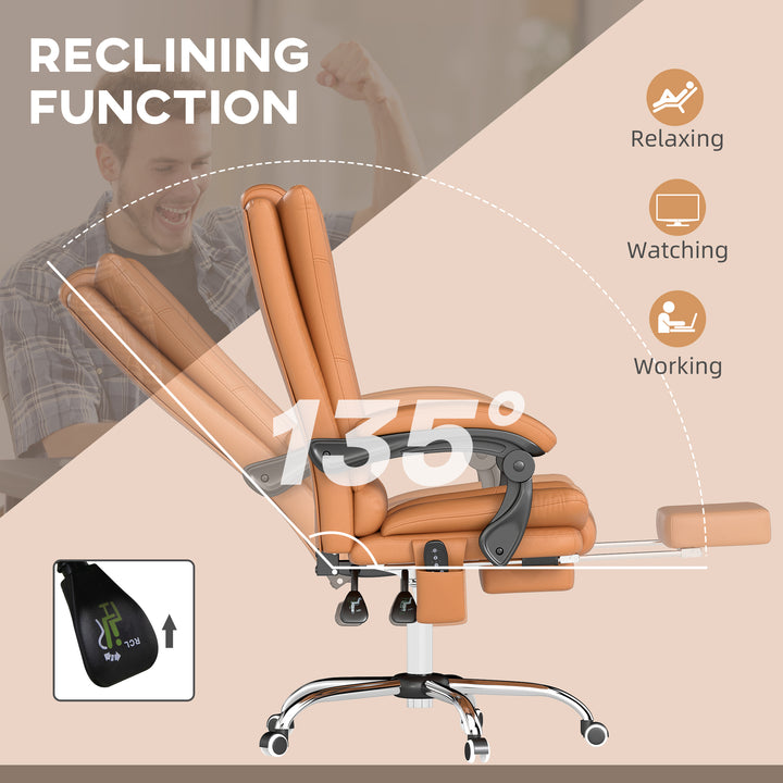 High Back Vibration Massage Office Chair, Heated Reclining PU Leather Computer Chair with 135° Reclining Back and Footrest, Light Brown