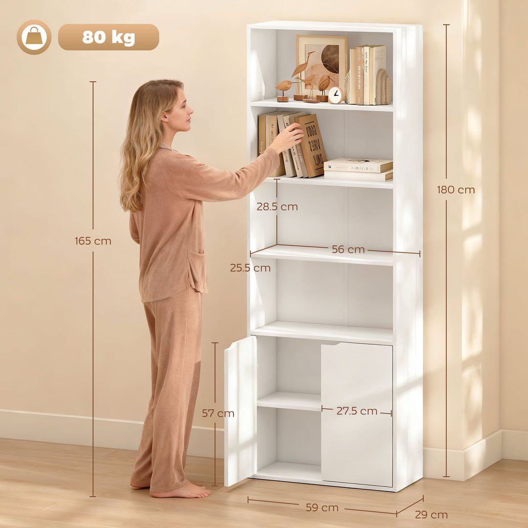 MCL 6-Tier Tall Bookcase, Bookshelf with 4 Open Shelves and Double Door Storage Cabinet, Freestanding Display Rack for Living Room, Bedroom, Home Office, Study, 59 x 29 x 180cm, White