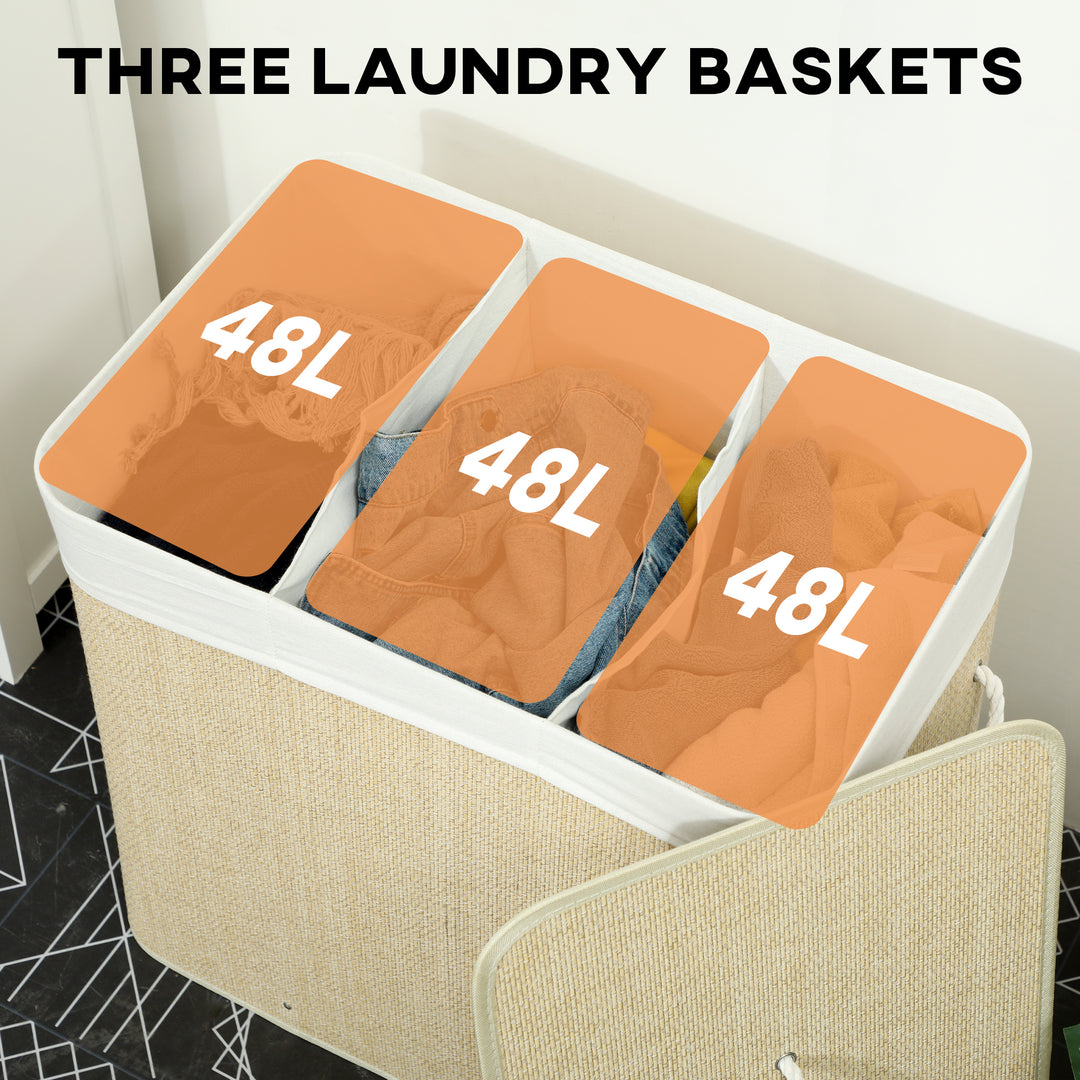 3 Section Laundry Basket with Lid, 144L Bamboo Laundry Hamper with Han
