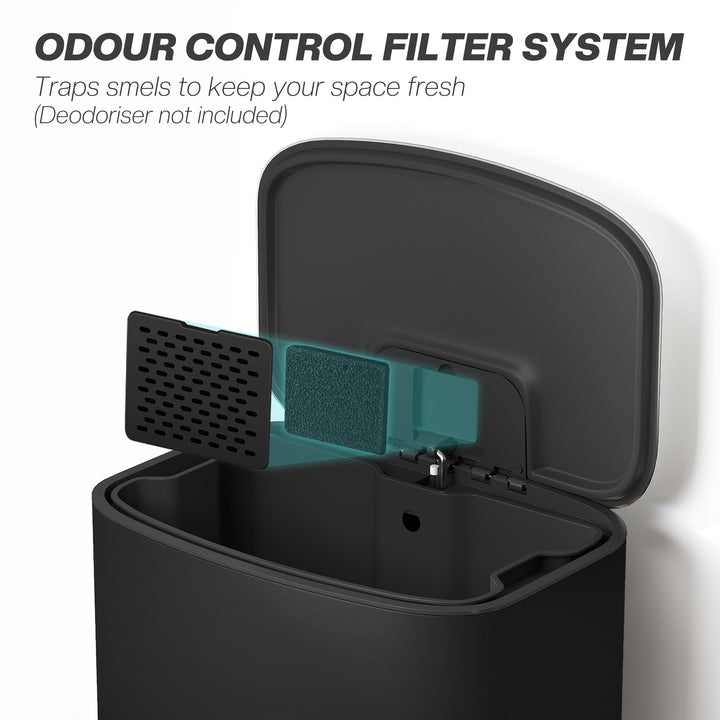 MCL 50L Kitchen Bin with Soft-Close Lid and Stay-Open Function, Stainless Steel Pedal Bin with Removable Inner Bucket, Carry Handle for Kitchen, Office, Home, Black