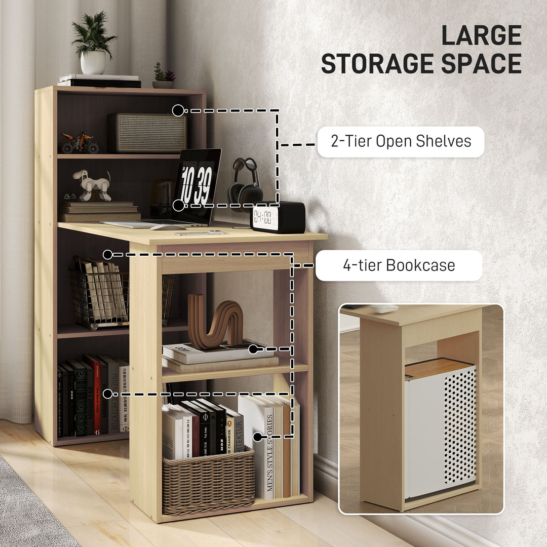 120cm Computer Desk, Wooden PC Laptop Table with 6-Tier Storage Bookshelves, Home Office Working Study Desk, Writing Workstation, Natural Wood