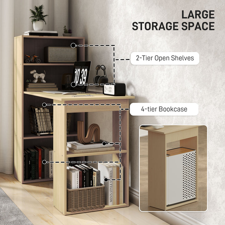 120cm Computer Desk, Wooden PC Laptop Table with 6-Tier Storage Bookshelves, Home Office Working Study Desk, Writing Workstation, Natural Wood