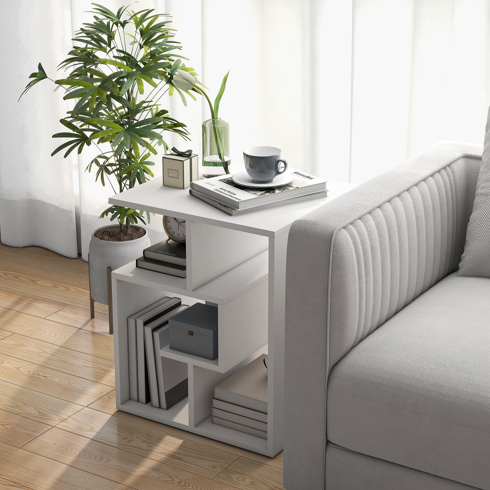 Side Table, 3 Tier End Table with Open Storage Shelves for Living Room, Bedroom, White