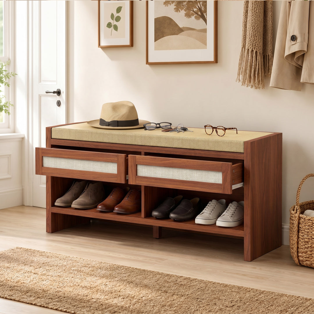 Boho Shoe Bench with 2 Rattan Drawers, Shoe Storage Bench with Cushion