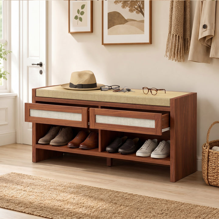 Boho Shoe Bench with 2 Rattan Drawers, Shoe Storage Bench with Cushion