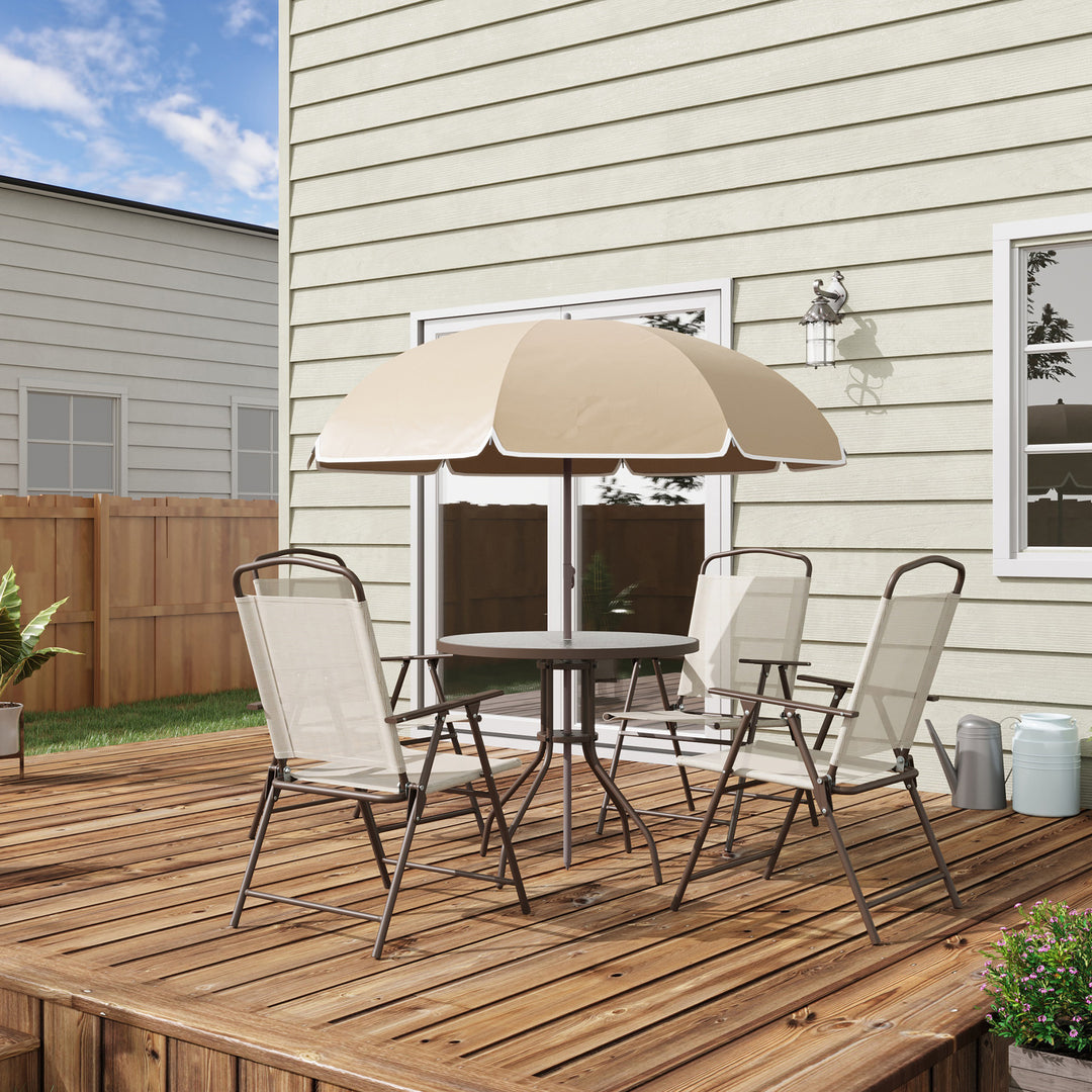 MCL Garden Patio Texteline Folding Chairs Plus Table and Parasol Furniture Bistro Set 6 Pieces - Coffee/Cream