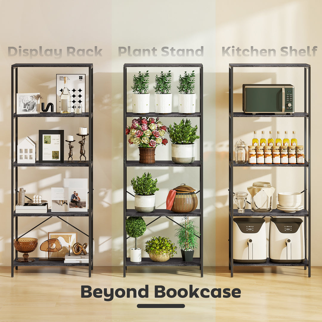 5-Tier Bookshelf, Industrial Bookcase with Metal Frame - Dark Grey and