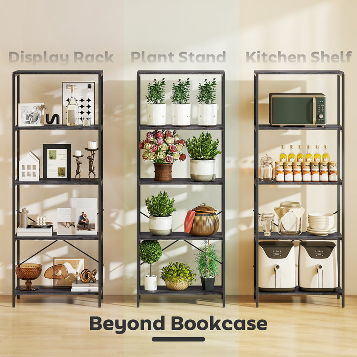 5-Tier Bookshelf, Industrial Bookcase with Metal Frame - Dark Grey and
