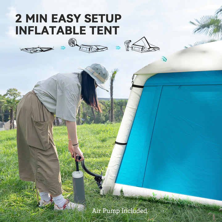 Inflatable Camping Tent w/ Hand Pump, Easy Setup 1/2 Person Blow Up Tent Waterproof 190T Taffeta w/ Mesh Windows, Doors and Carry Bag, Light Blue