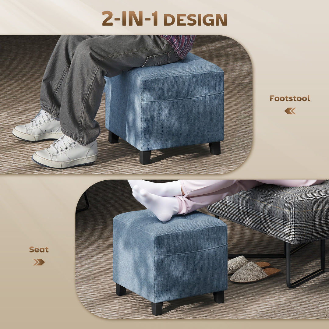 Small Ottoman, Square Footstool with Side Pocket, Rubber Wood Legs and