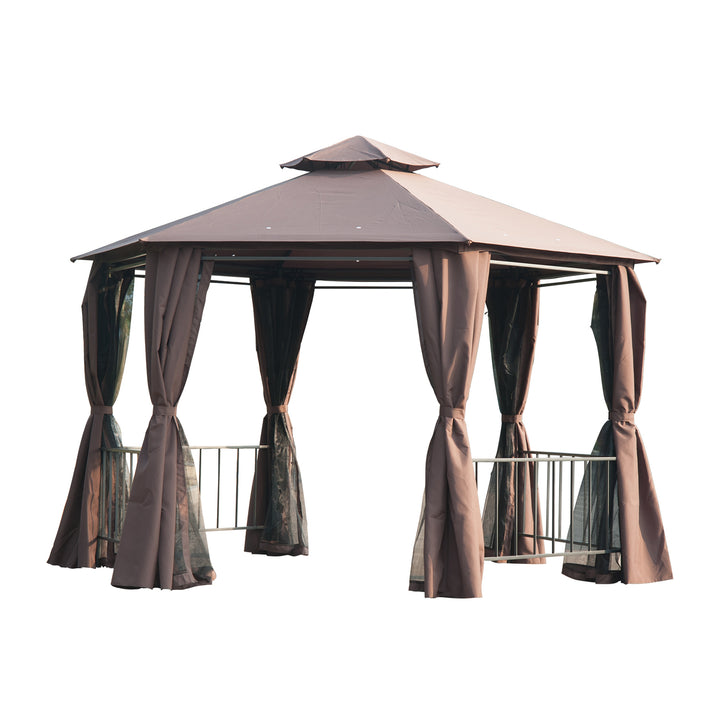 Outsunny Waterproof Hexagon Gazebo Patio Canopy Party Tent Outdoor Garden Shelter w/ 2 Tier Roof & Side Panel - Brown | Aosom UK