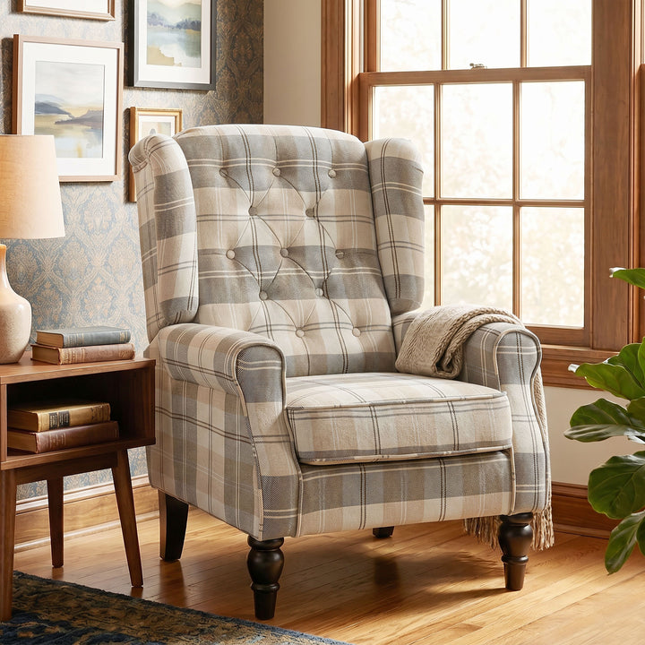 Wingback Accent Chair, Linen-Look Fabric Armchair with Thick Spring Cu
