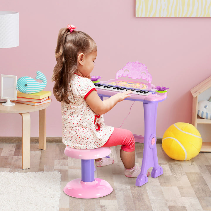 HOMCOM Electronic Organ for Kids, Mini Piano with Microphone and Stool, Interactive Music Play, Purple/Pink | Aosom UK