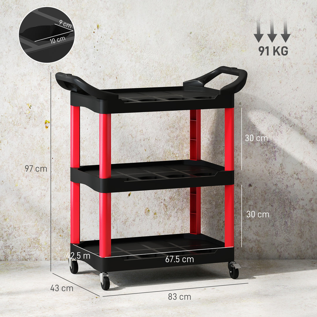 3-Tier Rolling Tool Cart, Tool Trolley on Wheels, Plastic Mobile Service Utility Cart with Handles for Garage, Mechanics and Warehouse, 91kg Capacity, Black and Red