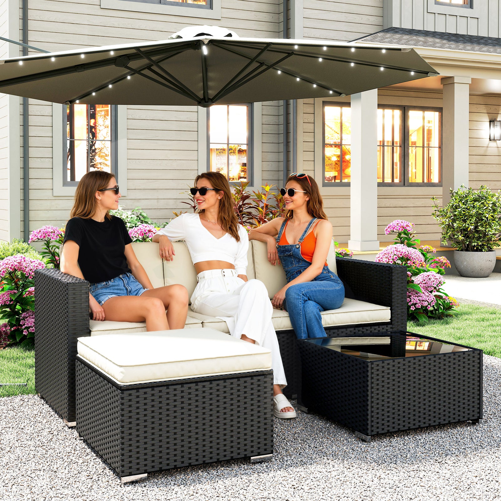 3 Pieces Garden Furniture Set w/ Cushions, PE Rattan Wicker Conversati