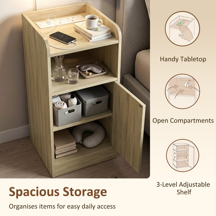 Slim Bedside Table Set of 2 with Charging Station, Narrow Bedside Cabi