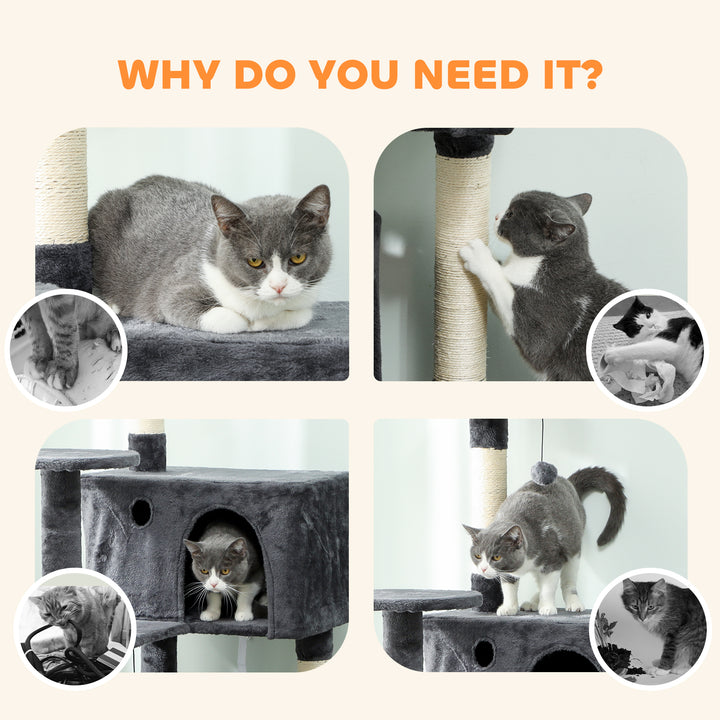 MCL 180cm Large Cat Tree Tower with Sisal Scratching Posts, Condos, Plush Perches, Hammock, Ladder, Dark Grey