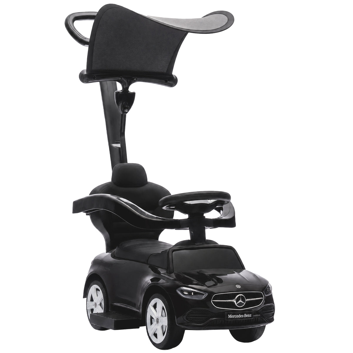 4 in 1 Licensed Benz Ride on Push Car with Handle, Canopy - Black