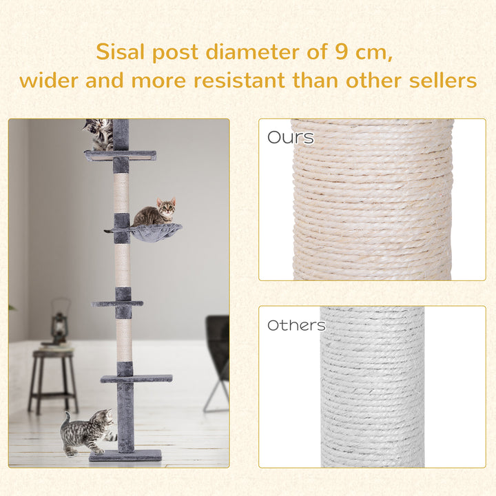 MCL Floor to Ceiling Cat Tree Height Adjustable 230-260cm, 5-Tier Cat Tower with Scratching Post, Hammock, Perches, Climbing Activity Centre for Indoor Kittens, Grey
