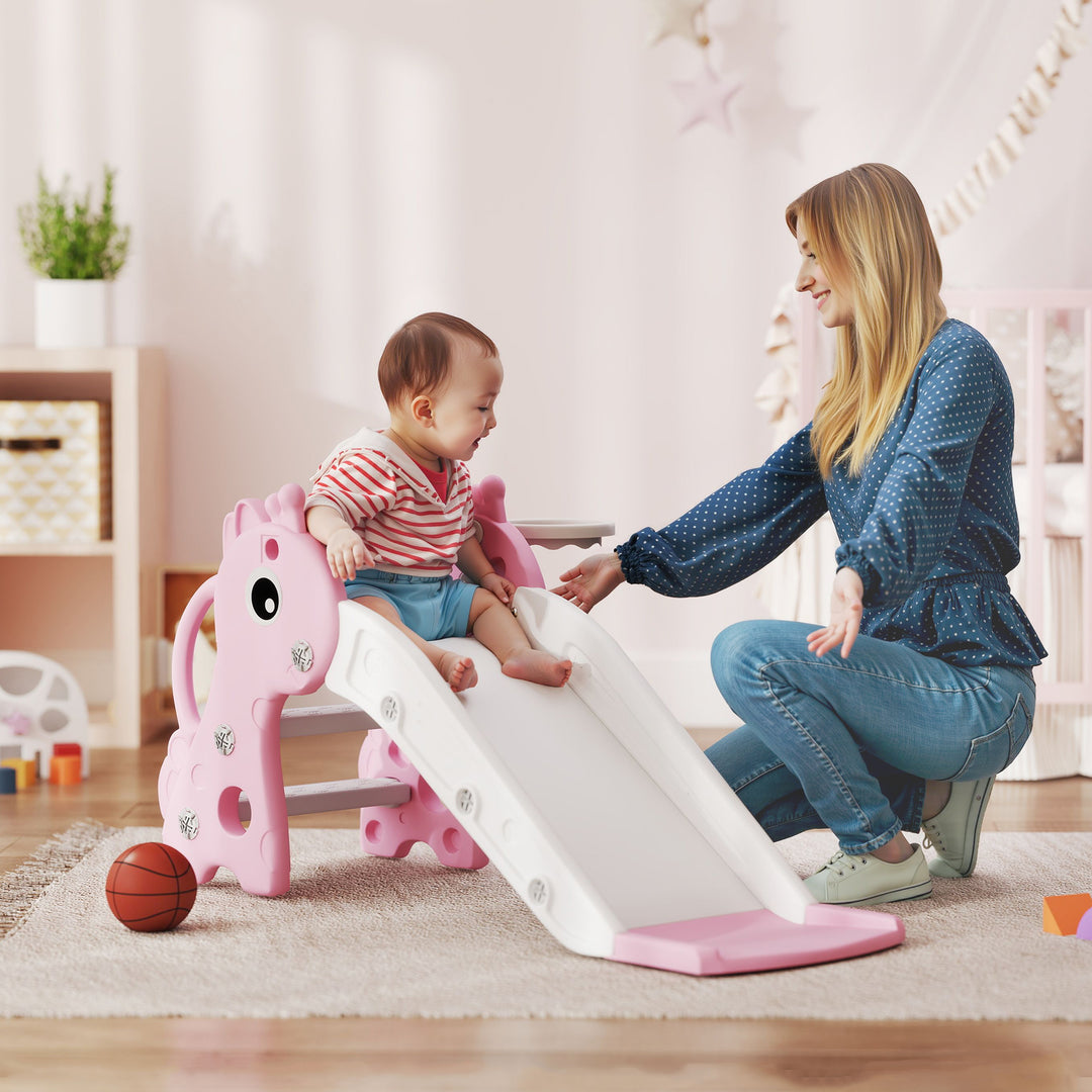 3 in 1 Kids Slide with Climber, Basketball Hoop and Ball, Giraffe Shap