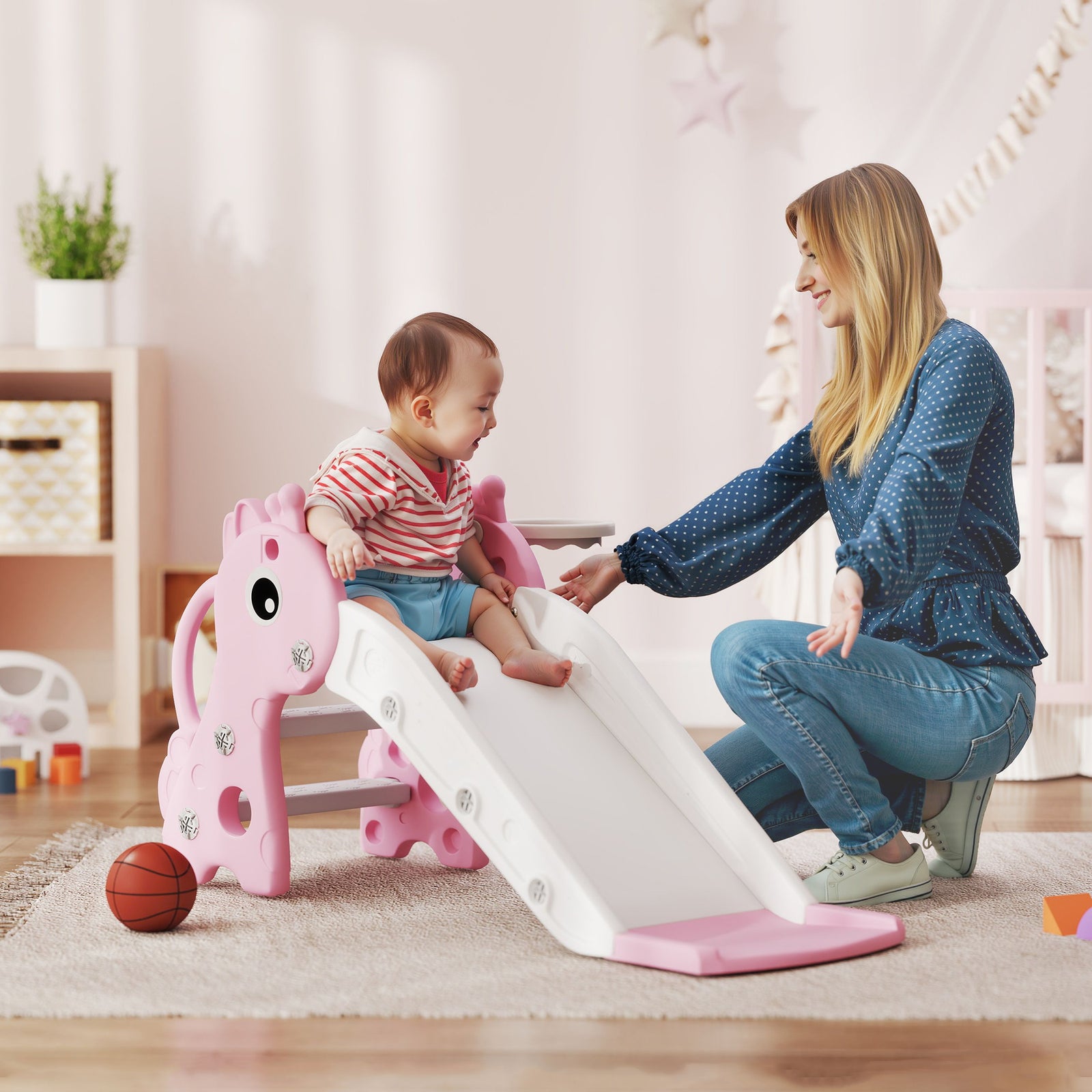 3 in 1 Kids Slide with Climber, Basketball Hoop and Ball, Giraffe Shap