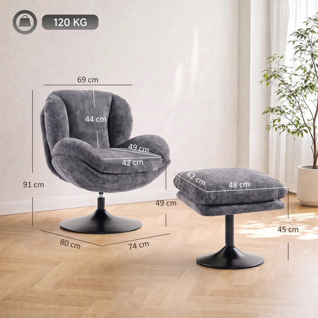Modern Chenille Lazy Chair with Ottoman, 360° Swivel, Upholstered - view 3