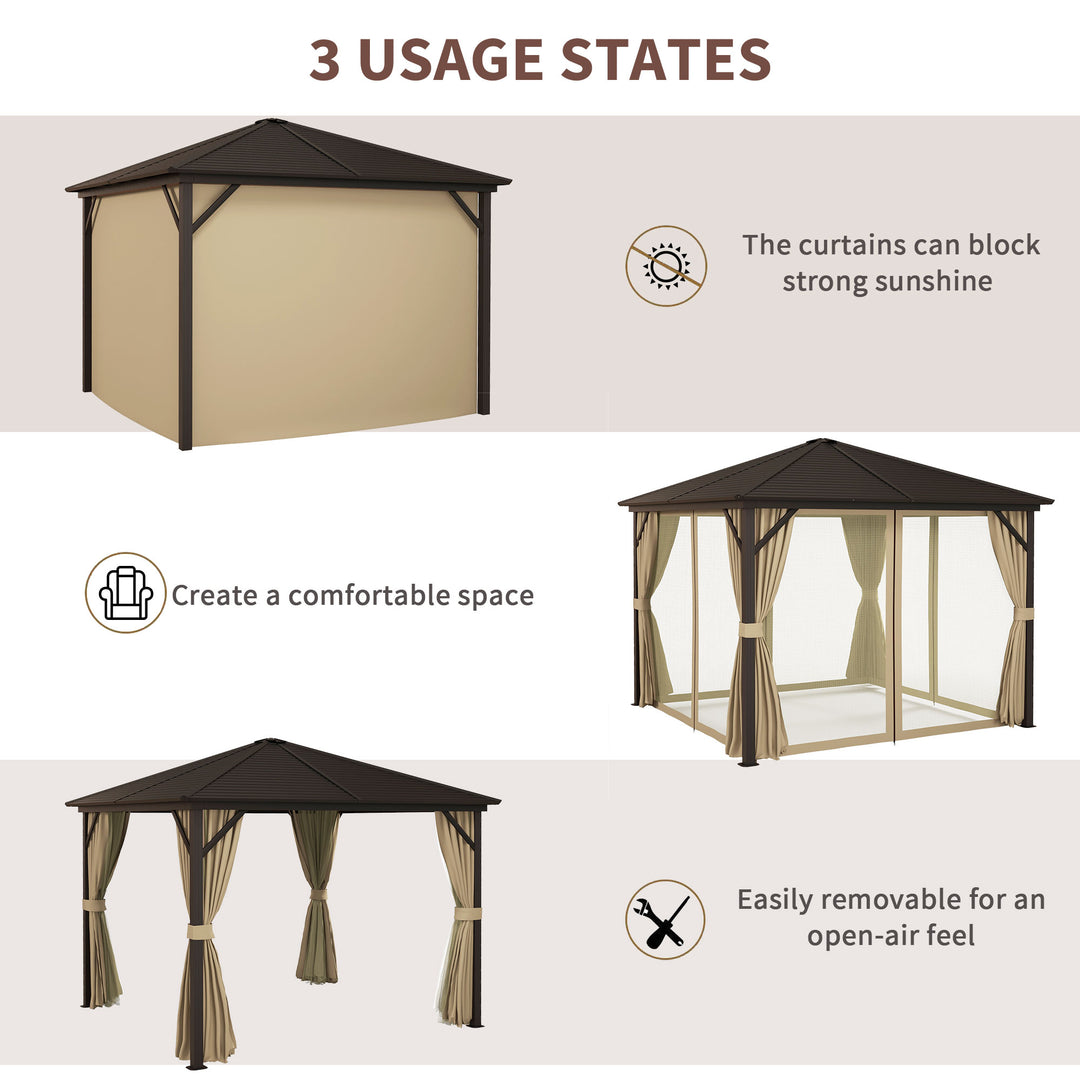 Outsunny 3 x 3 m Garden Gazebo with Netting and Curtains, Hard Top Gazebo Canopy Shelter w/ Metal Roof, Aluminium Frame, for Garden, Lawn