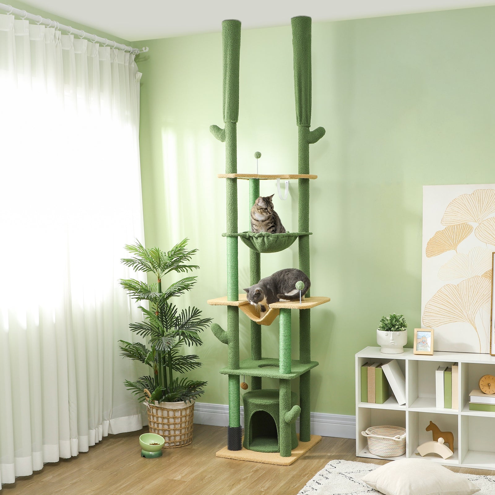 225-255cm Adjustable Floor to Ceiling Cat Tree, Tall Cat Tower for Indoor Cats w/ Scratching Posts, Green
