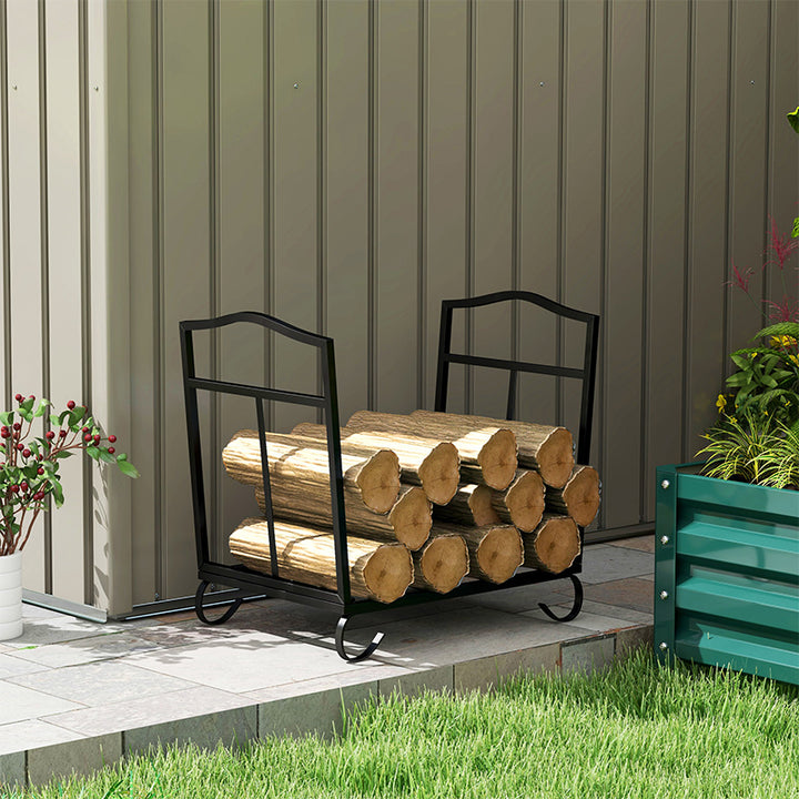 Metal Firewood Log Holder Indoor Outdoor Folding Firewood Rack Fireplace Wood Storage Shelf w/ Scrolls, Rust-Resistant, Black, 48L x 34W x 37Hcm
