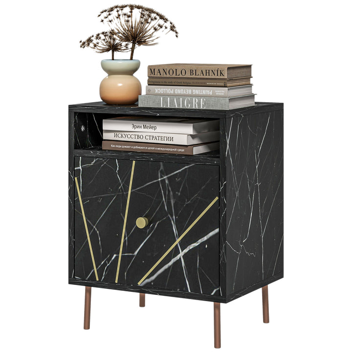 HOMCOM Marble Effect Bedside Table, Modern Side Table with Drawer, Open Shelf and Gold Tone Metal Legs for Bedroom, Living Room, Black