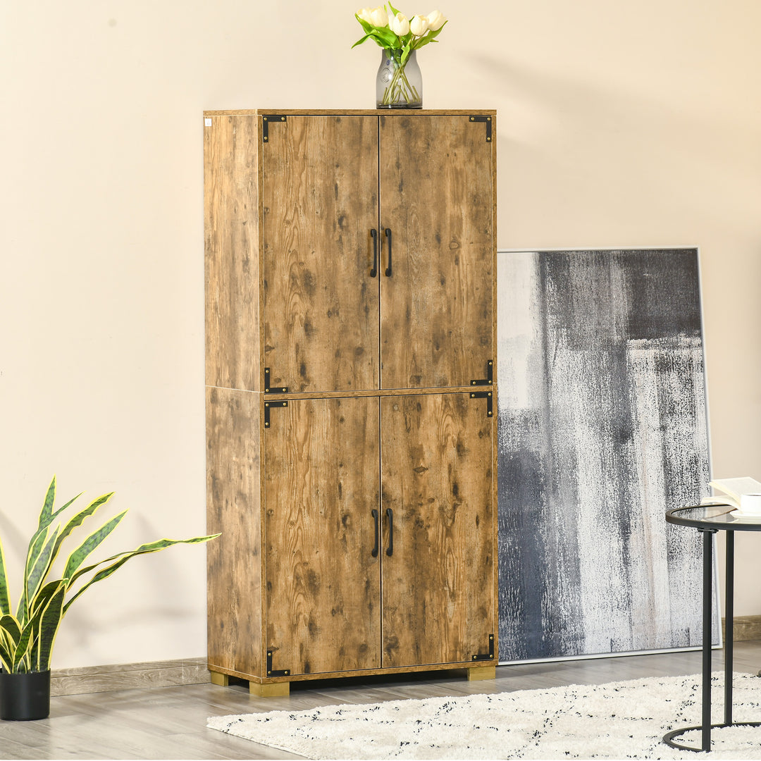 HOMCOM Farmhouse Style Tall Cupboard 4-Door Cabinet with Storage Shelves for Bedroom & Living Room, Rustic Wood Effect | Aosom UK