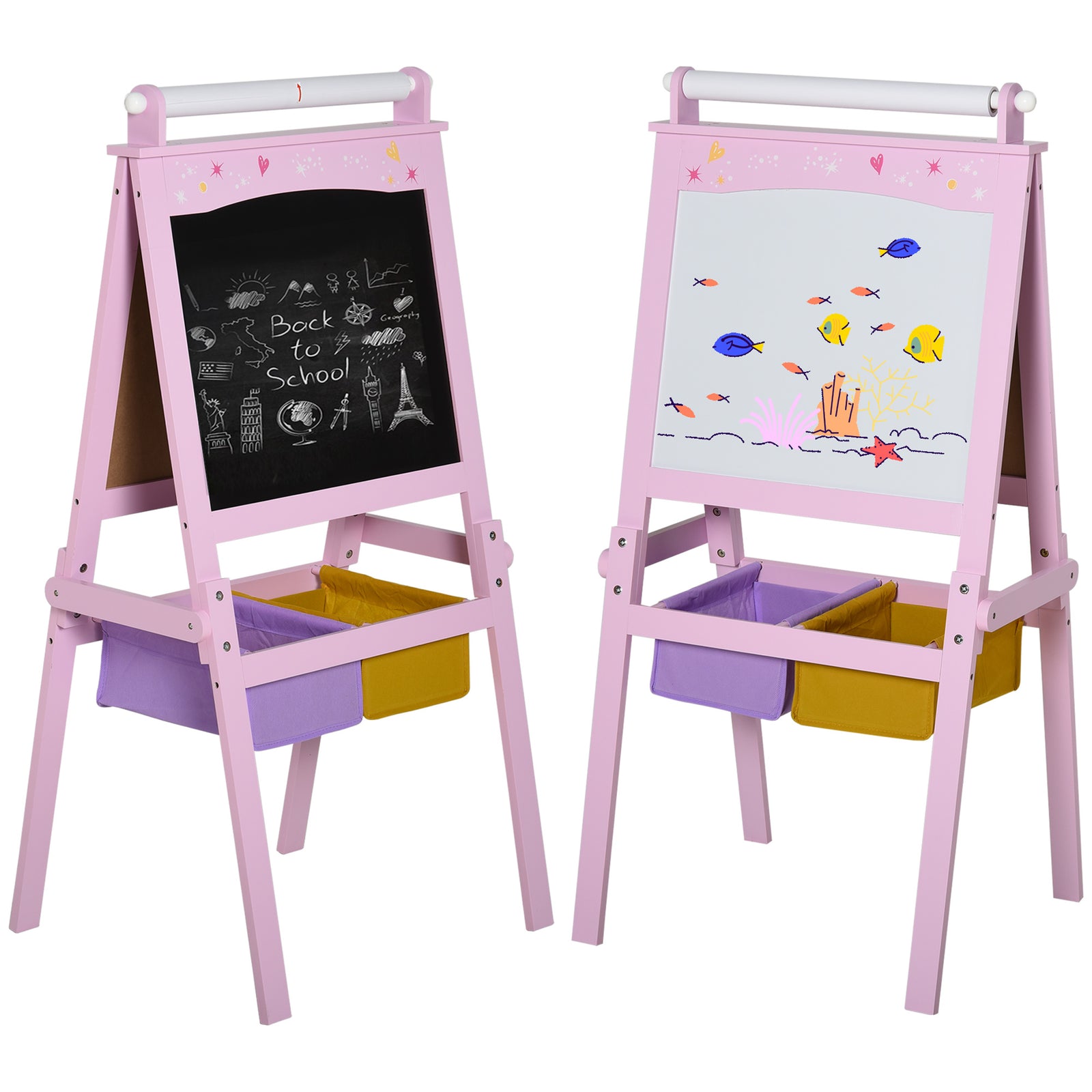 Kids Easel 3 in 1 Wooden Art Easel with Paper Roll Double-Sided Chalkboard & Whiteboard with Storage Baskets for Toddler Girls, Pink