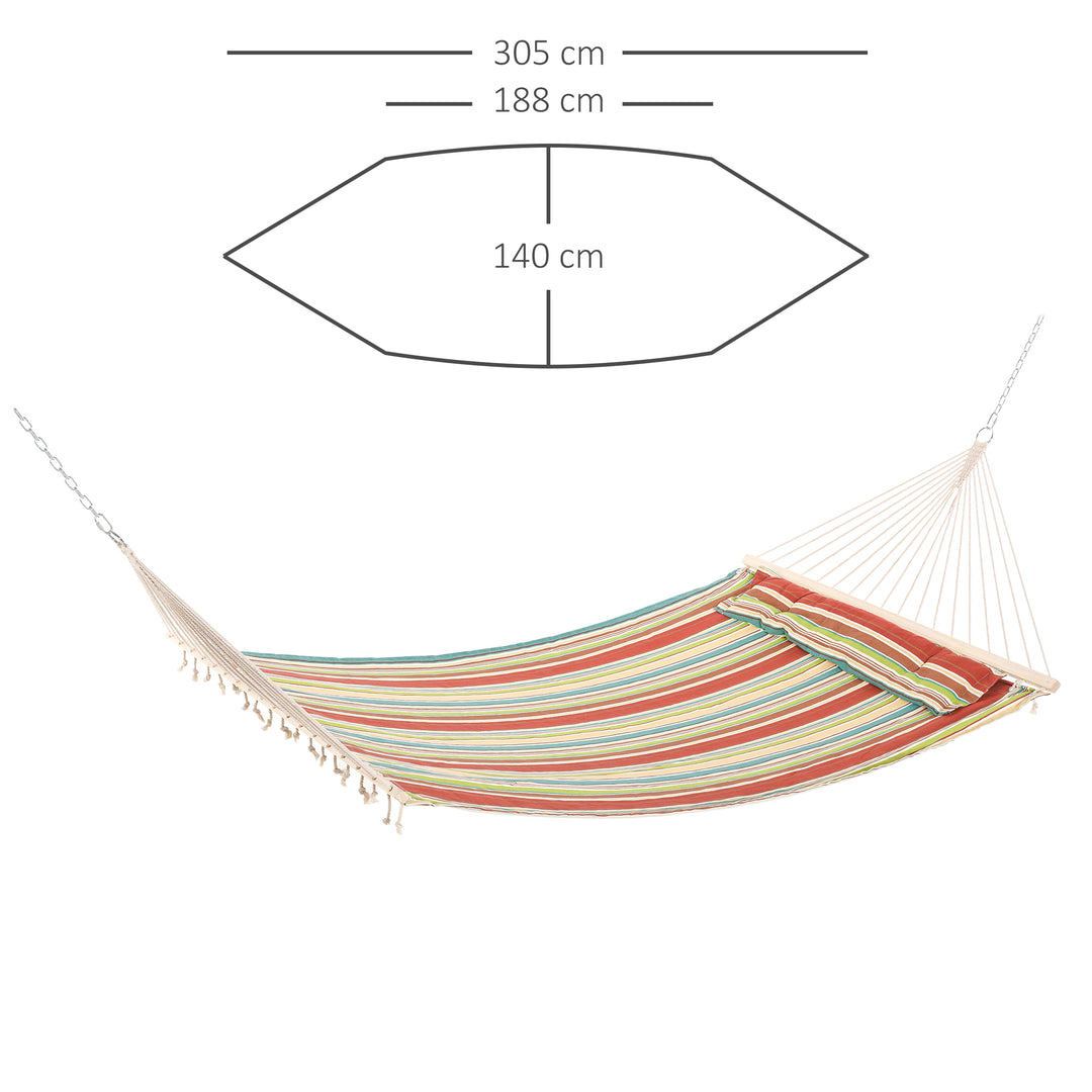 Double Cotton Hammock Camping Swing Outdoor Garden Beach Stripe Hanging Bed with Pillow, 188 x 140 cm, 180 KG Capacity, Red